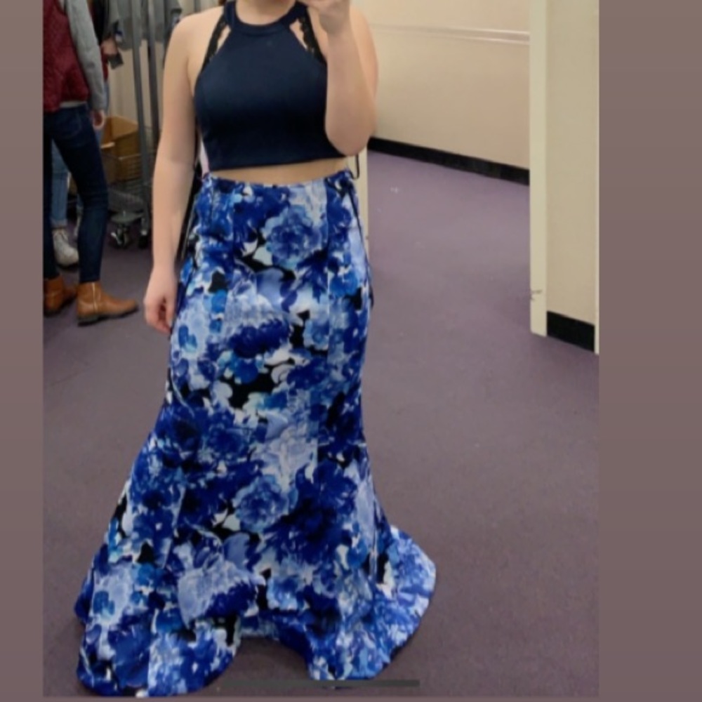 Floral, 2 Piece, Halter Prom Dress